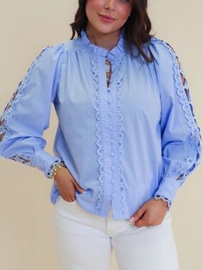 New Periwinkle Blue Crochet Lace Trim Button Front Blouse Ruffle Neck